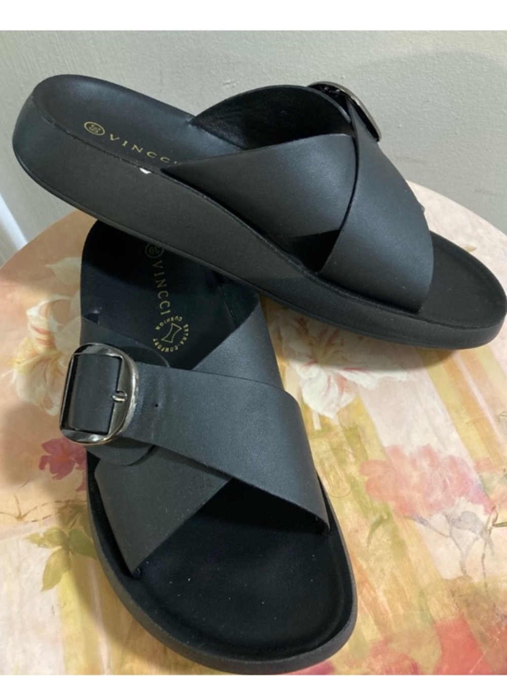 Black Crisscross Slide Sandals with Buckle